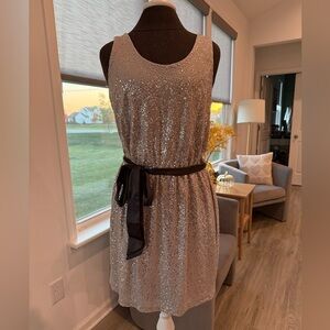 Express Glittering Champagne Silver Mini Dress with Black Tie